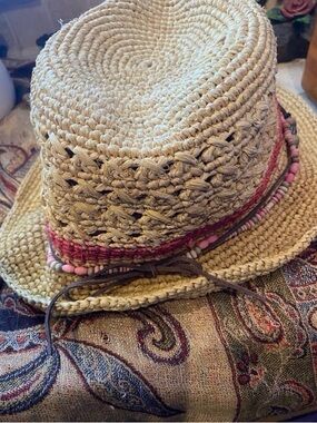 Boho style Woven Straw Hat with Pink Bead Trim Kooringal Raffia